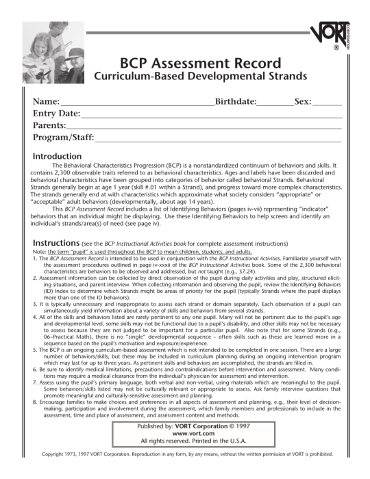 Bcp Assessment Record