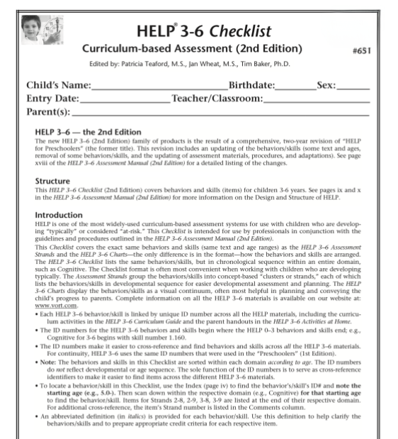 Help Card Checklist HELP 3-6 Checklist (2nd Ed.) – Shine Early Learning